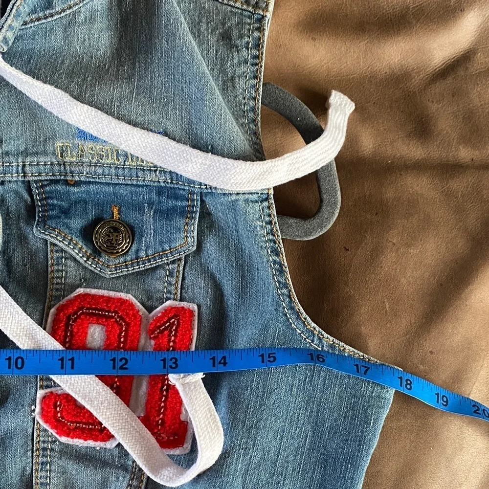 Classic Cropped Blue Denim Varsity Vest with Gray Removable Hood, Size M